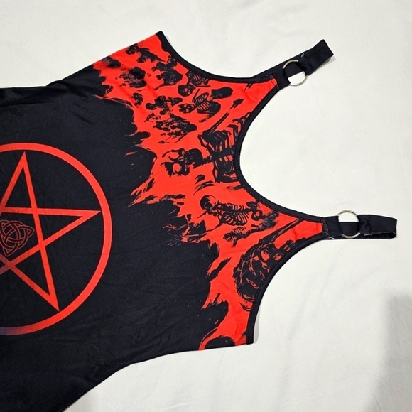 Witchy Gothic ✦ Skull & Pentacle Print A-Line Dress ✦ O-Ring Straps ✦ Red/Black - Picture 10 of 17
